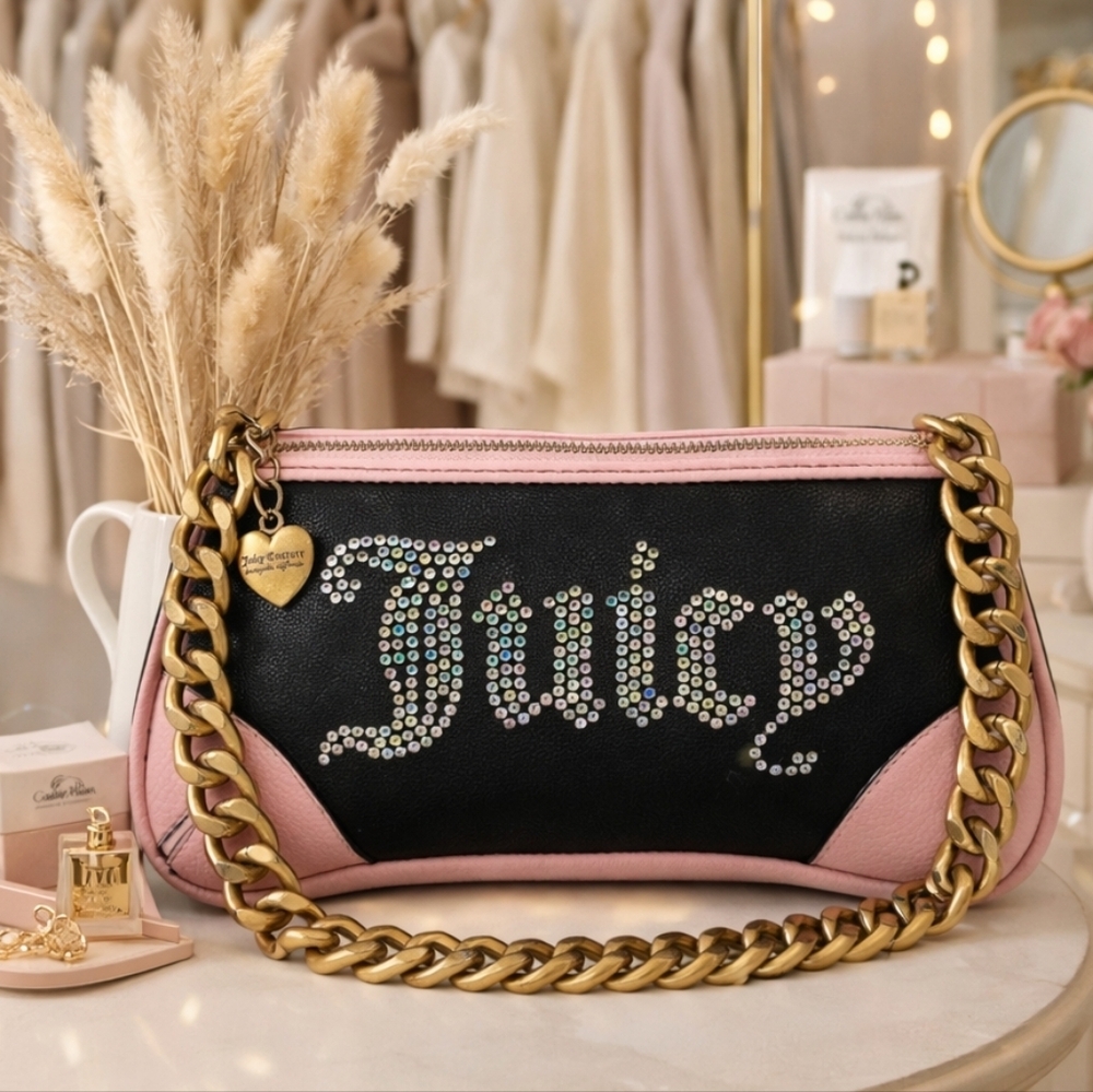 Juicy Couture Hand Shoulder Bag‎ Black and Pink Clutch with Gold Chain Purse Y2K